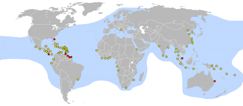 Map showing current Leatherback nesting sites and species range
